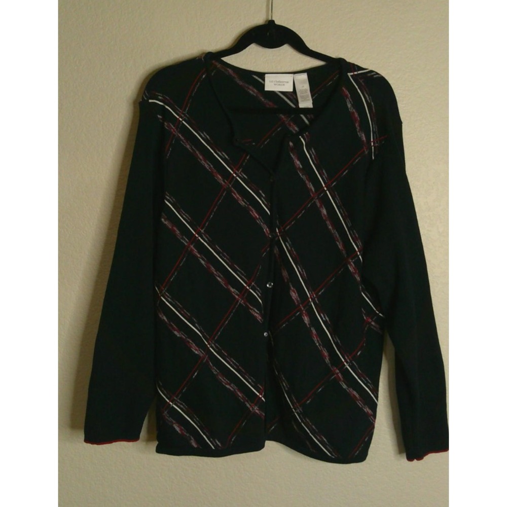 Liz Claiborne Women 2X Cardigan Black Argyle Diamond Button Front Sweater Preppy